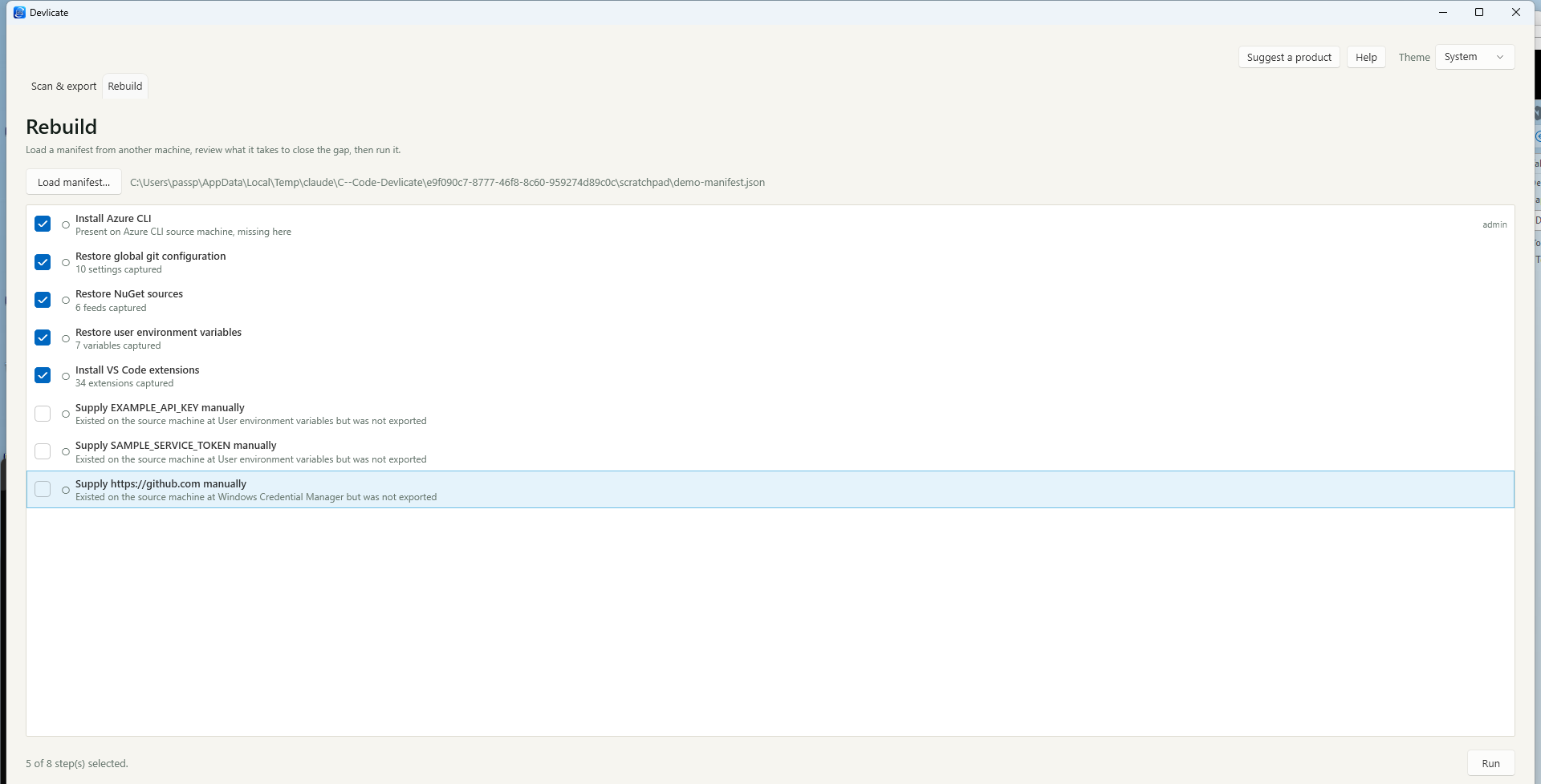 The Rebuild tab with a loaded plan: every step reviewable and individually selectable before anything runs.